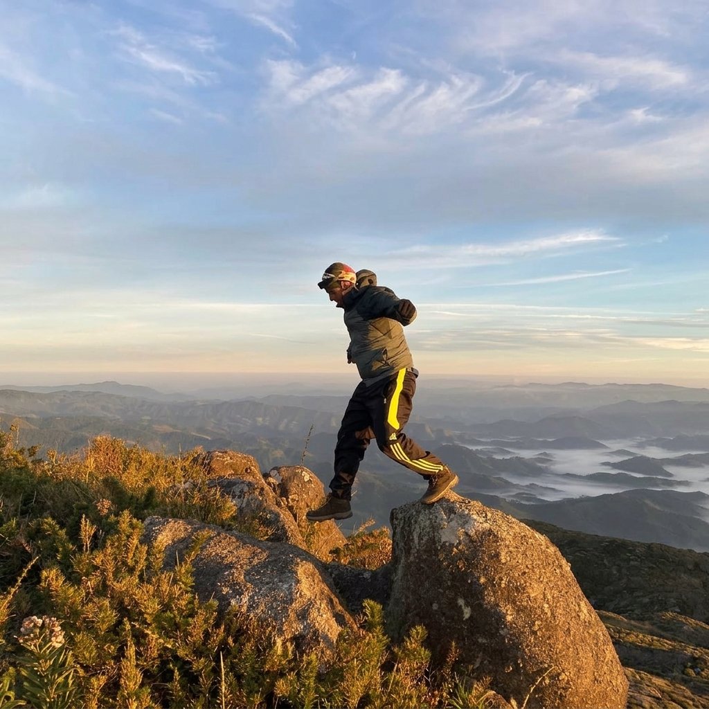 Participante pulando entre as pedras com vista para o vale