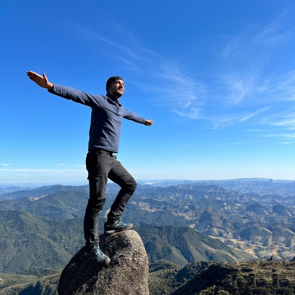 Participante de braços abertos no topo da pedra com vista para o vale