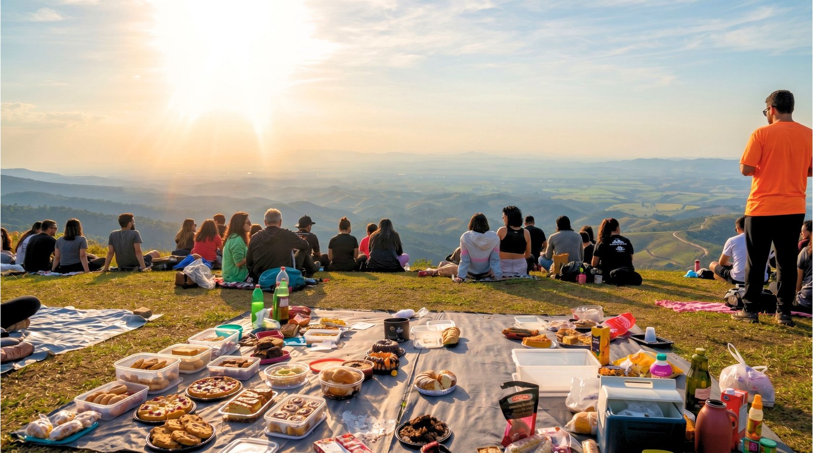 Grupo reunido no mirante ao pôr do sol durante o PicNic Social em Caçapava