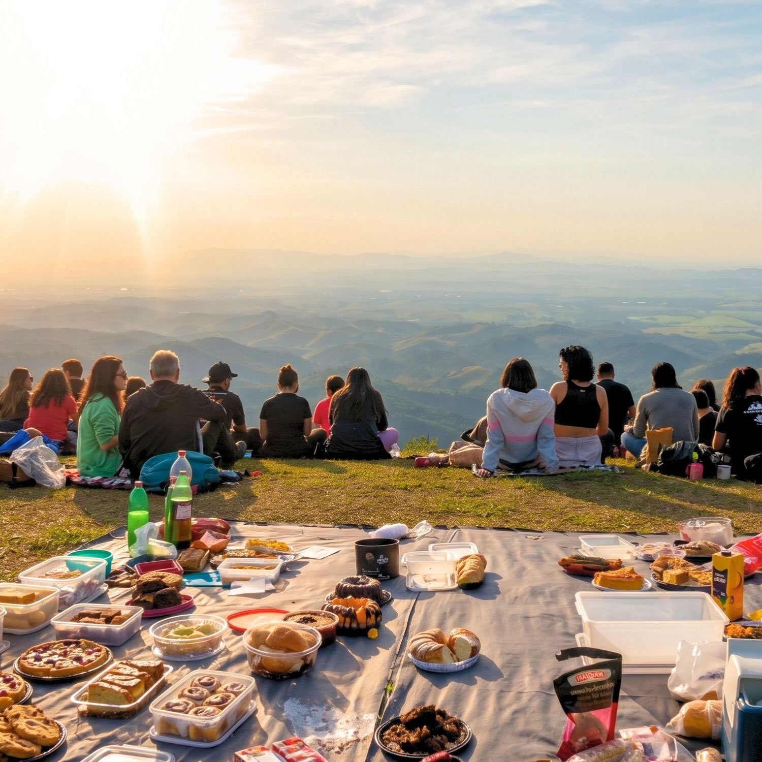 Grupo reunido em piquenique no mirante ao pôr do sol
