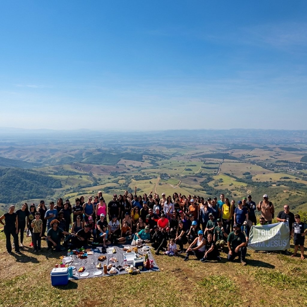 Grande grupo reunido no mirante com vista para o Vale do Paraíba — PicNic Social